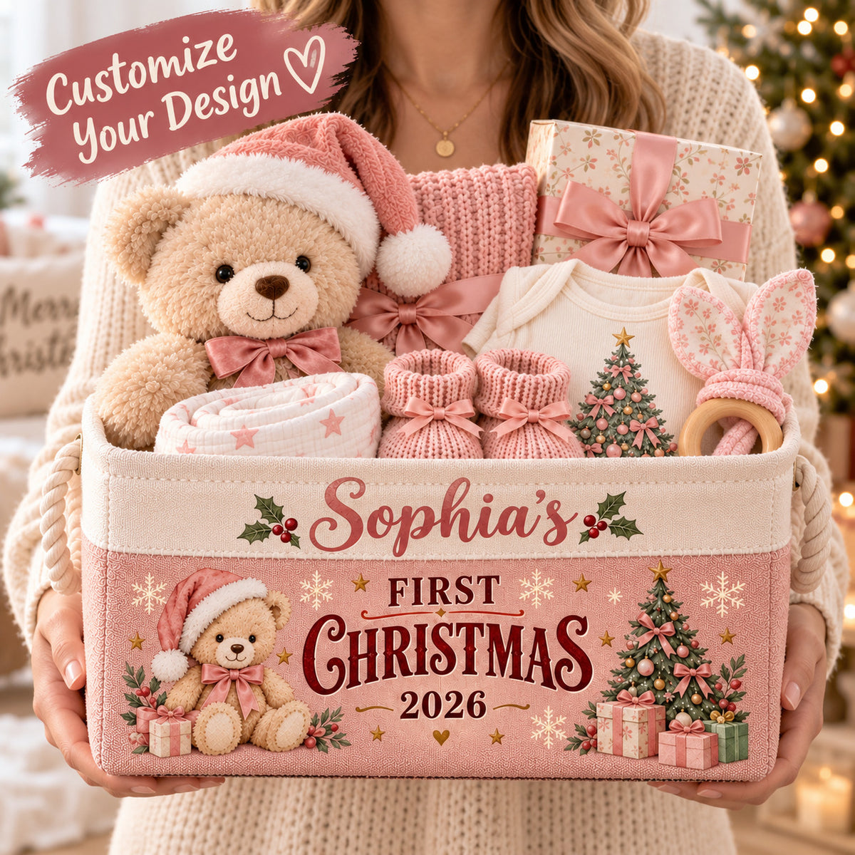 Personalized Baby First Christmas Storage Basket, Custom Name Storage Bin with Rope Handles