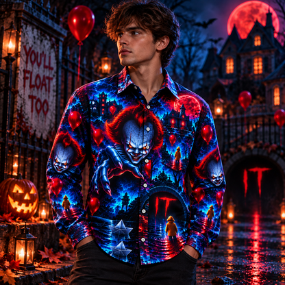 Halloween Pennywise Neon AOP Long Sleeve Shirt With Pocket