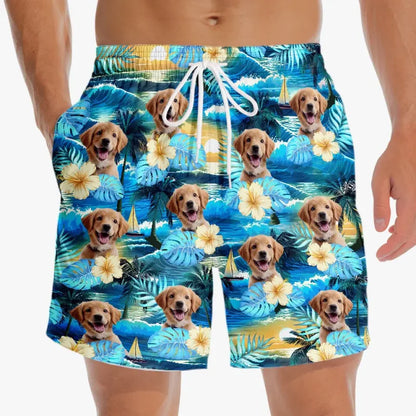 Custom Photo Sandy Paws, Happy Hearts - Dog & Cat Personalized Custom Tropical Hawaiian Aloha Men Beach Shorts