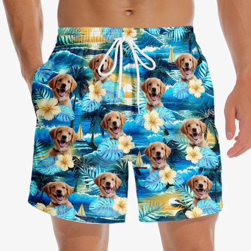 Custom Photo Sandy Paws, Happy Hearts - Dog & Cat Personalized Custom Tropical Hawaiian Aloha Men Beach Shorts