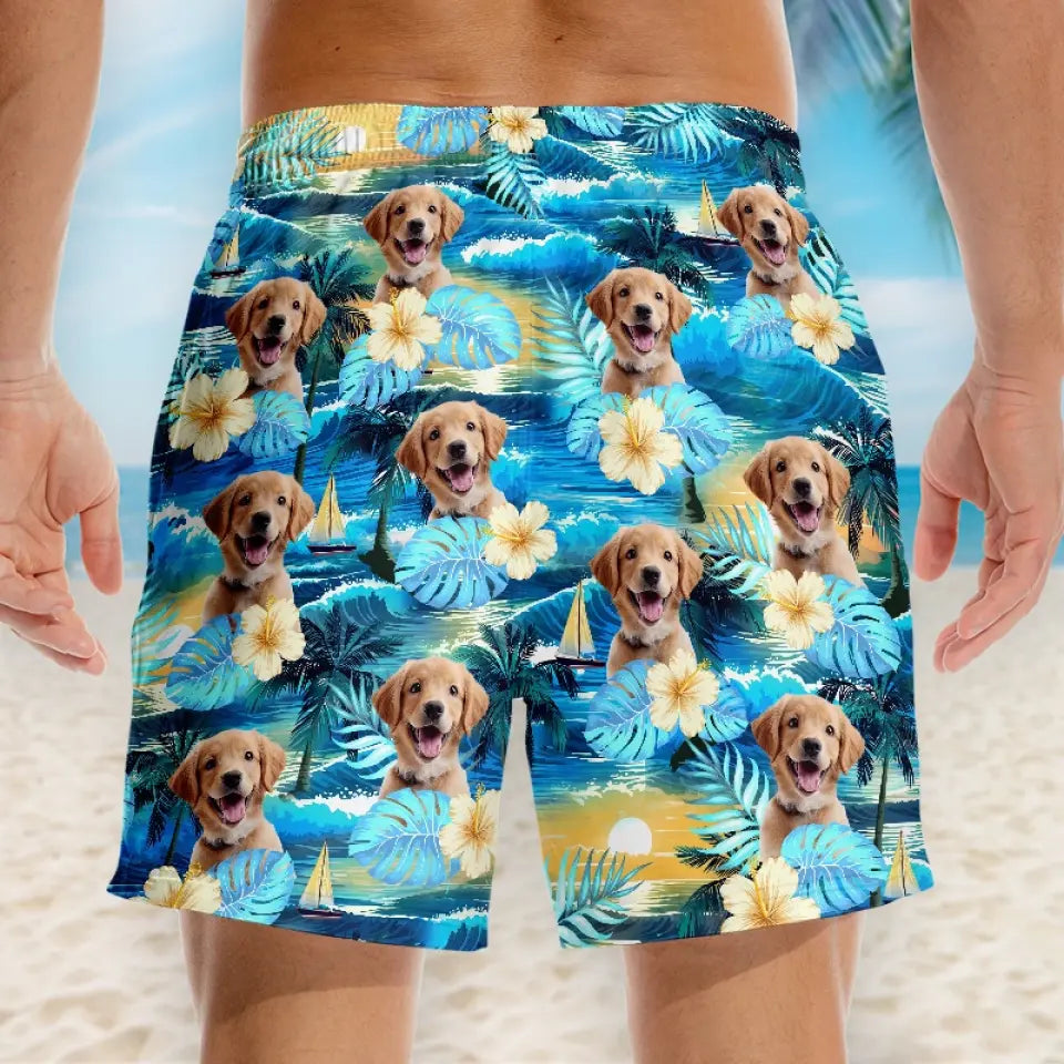Custom Photo Sandy Paws, Happy Hearts - Dog & Cat Personalized Custom Tropical Hawaiian Aloha Men Beach Shorts