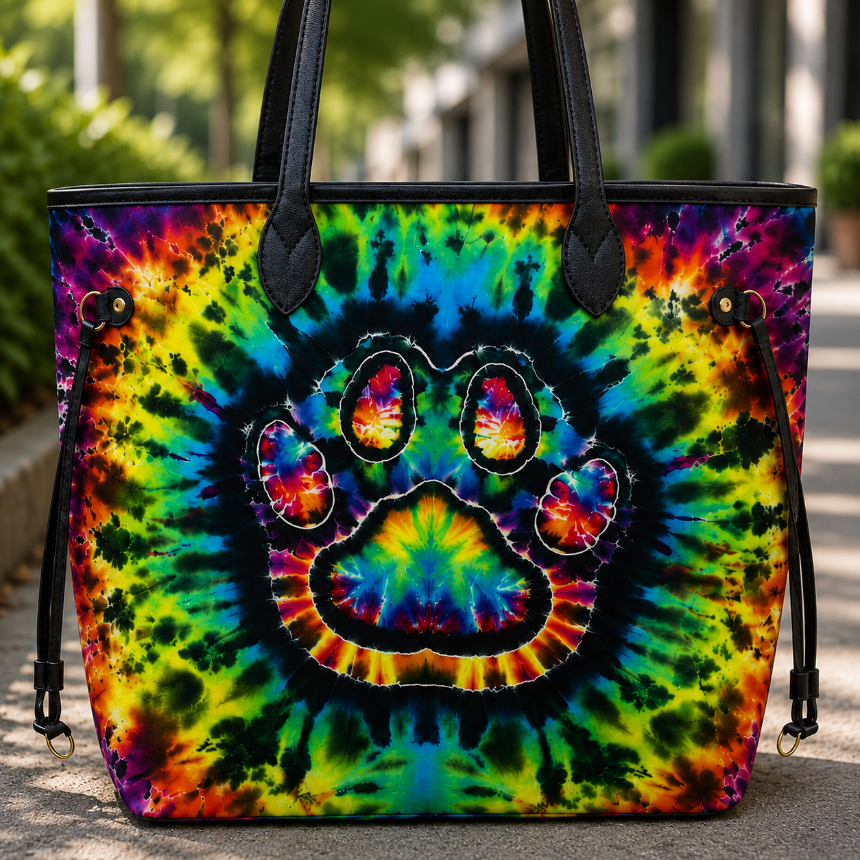 Vibrant Paw Colorful Tie-Dye Spiral Cat Women's Large PU Bag