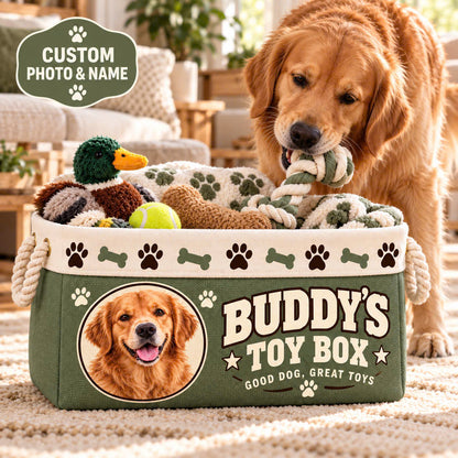 Personalized Dog Toy Basket with Photo & Name, Custom Pet Toy Storage Bin with Rope Handles, Dog Lover Gift