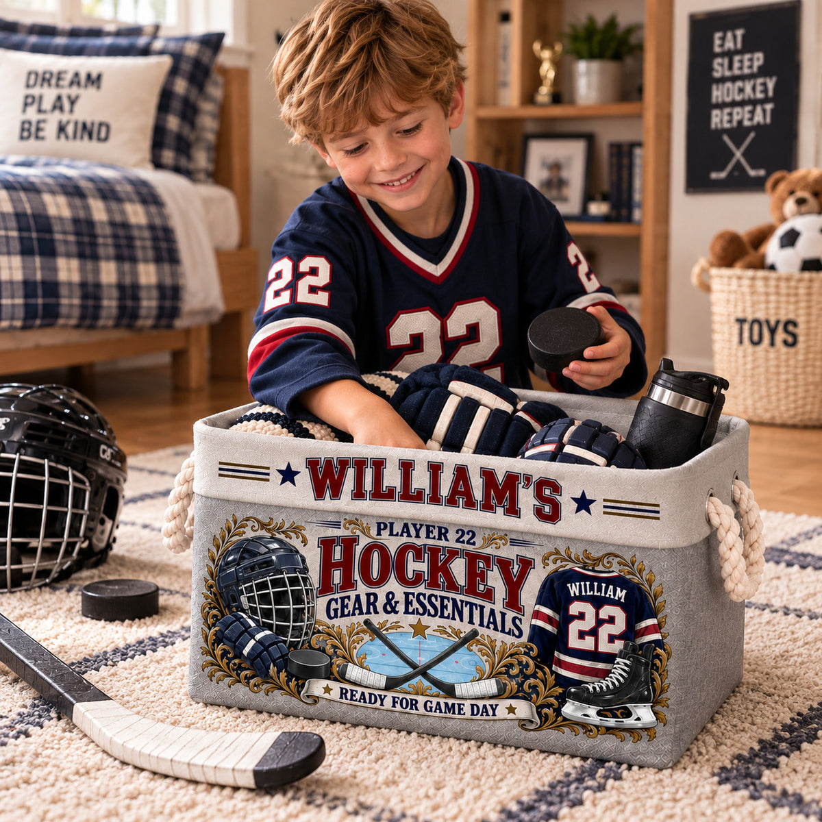 Personalized Hockey Storage Basket with Custom Name and Number, Ice Hockey Player Gift