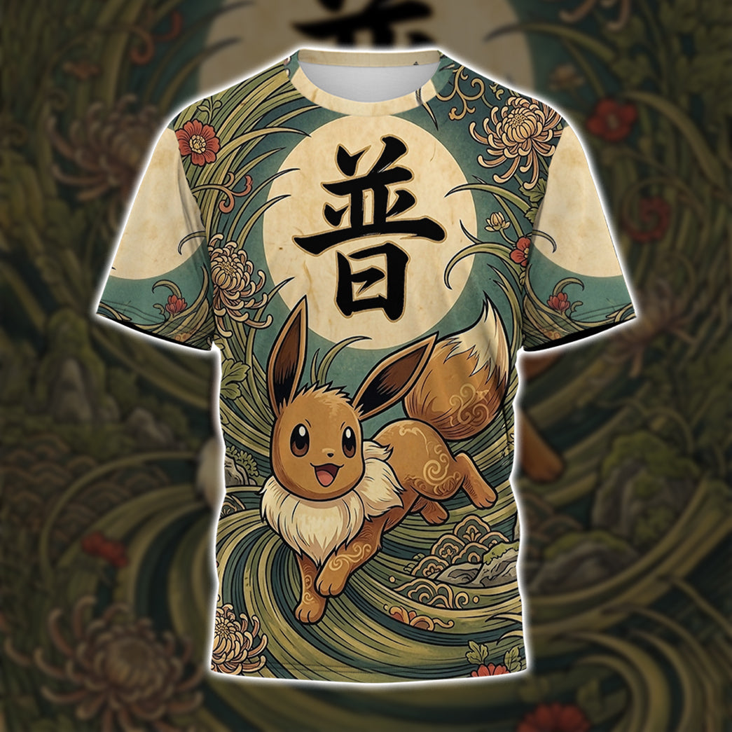 Anime PKM Eevee Japanese Kanji Aesthetic All Over Printed Sweatshirt Hoodie Zip Hoodie T-Shirt