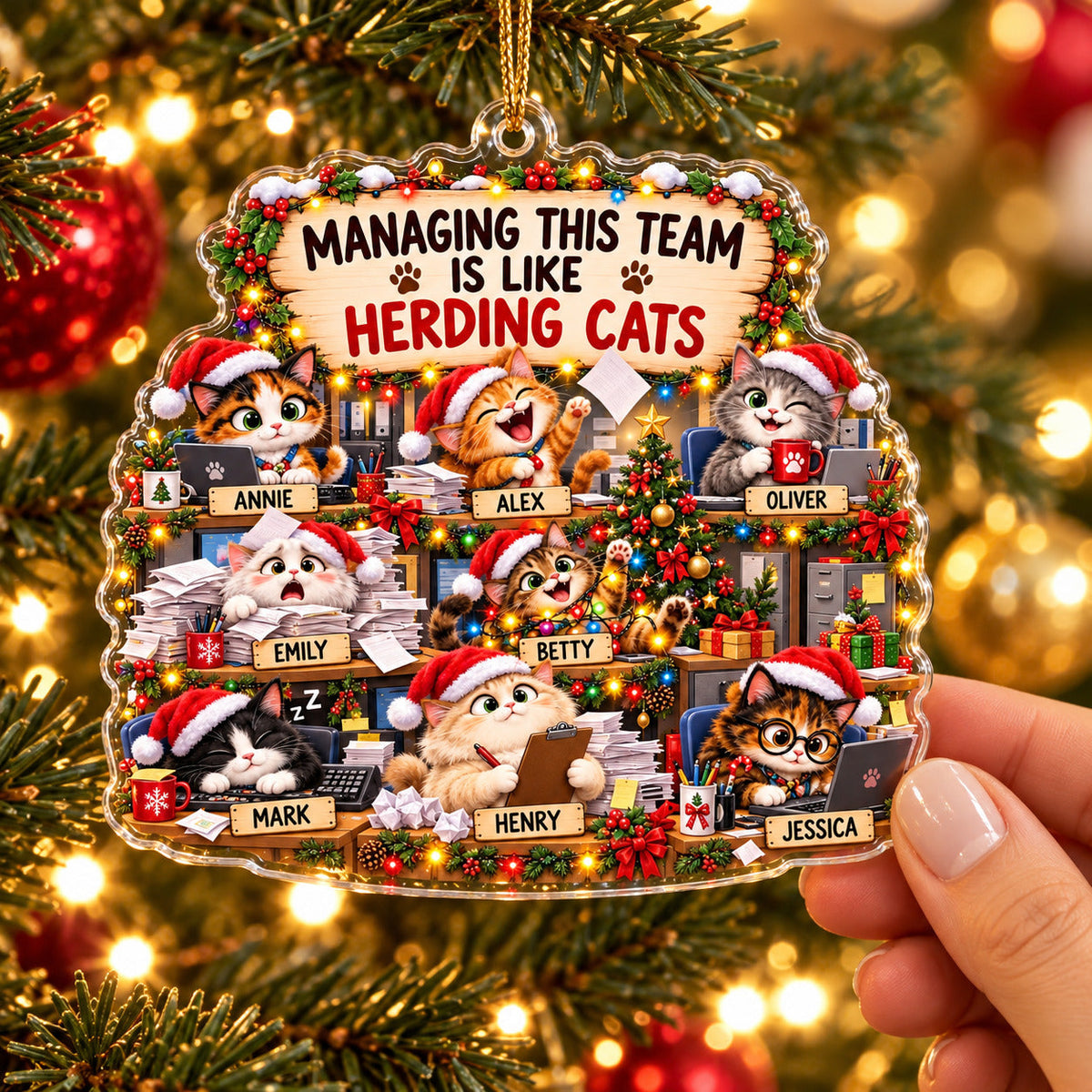 Personalized Herding Cats Christmas Ornament, Custom Team Names, Funny Acrylic Gift for Boss