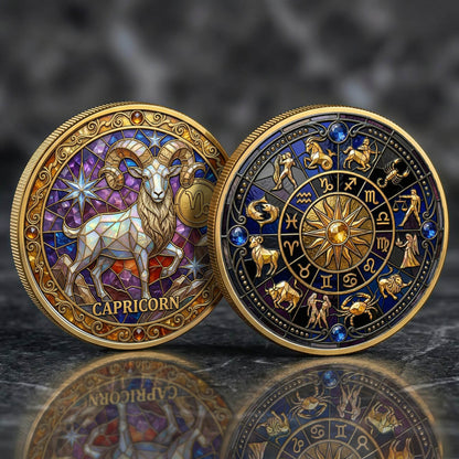 Tarot Zodiac Capricorn Sign Stained Glass Printed Commemorative Coin