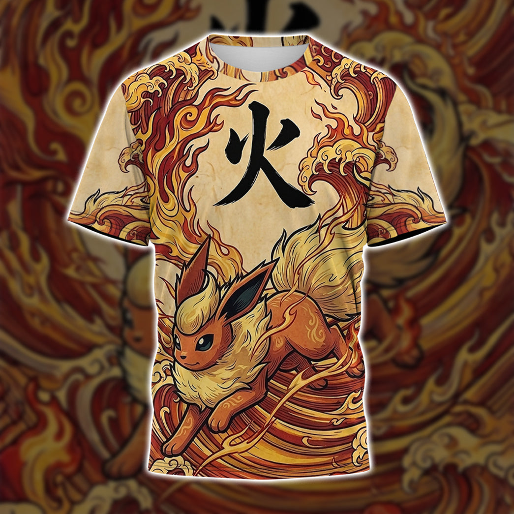 Anime PKM Flareon Japanese Kanji Aesthetic All Over Printed Sweatshirt Hoodie Zip Hoodie T-Shirt