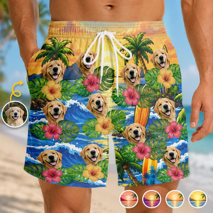 Custom Photo Funny Caricature Tropical Hawaiian Aloha Men Beach Shorts - Personalized Summer Vacation And Travel Gifts For Dog Cat Lovers, Dog Dad And Mom, Cat Owners
