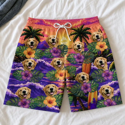 Custom Photo Funny Caricature Tropical Hawaiian Aloha Men Beach Shorts - Personalized Summer Vacation And Travel Gifts For Dog Cat Lovers, Dog Dad And Mom, Cat Owners