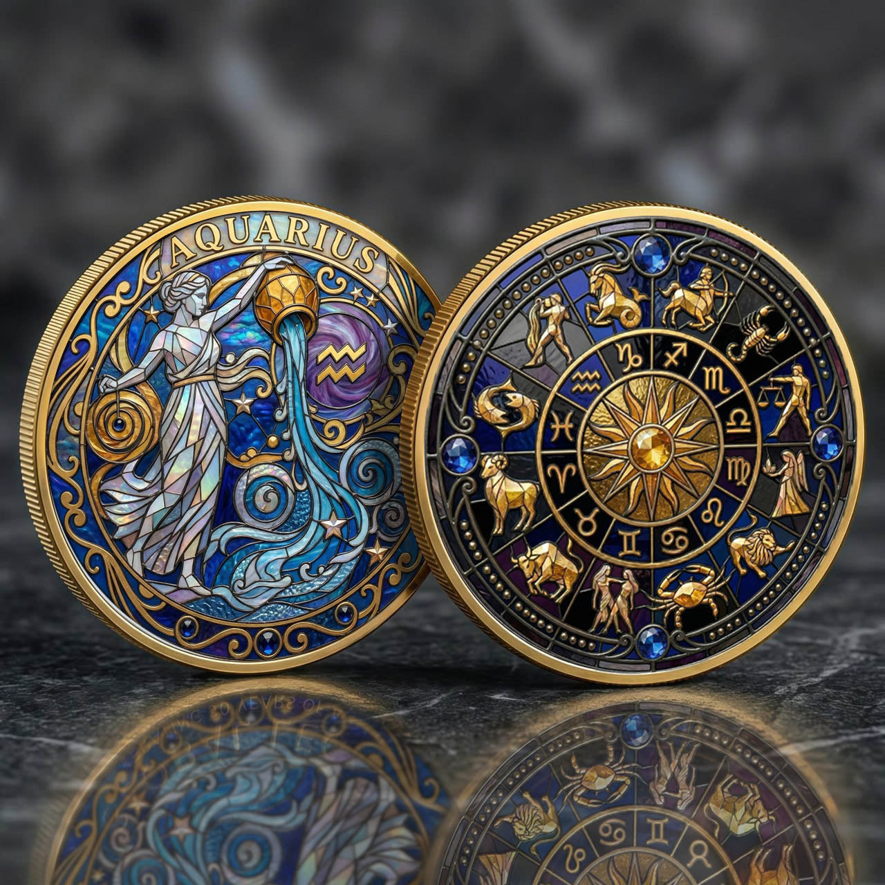 Tarot Zodiac Aquarius Sign Stained Glass Printed Commemorative Coin