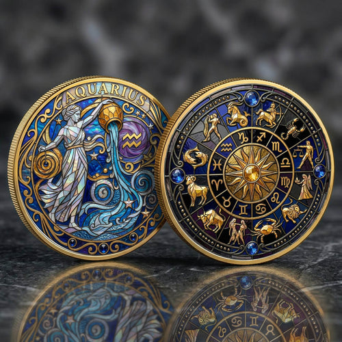 Tarot Zodiac Aquarius Sign Stained Glass Printed Commemorative Coin
