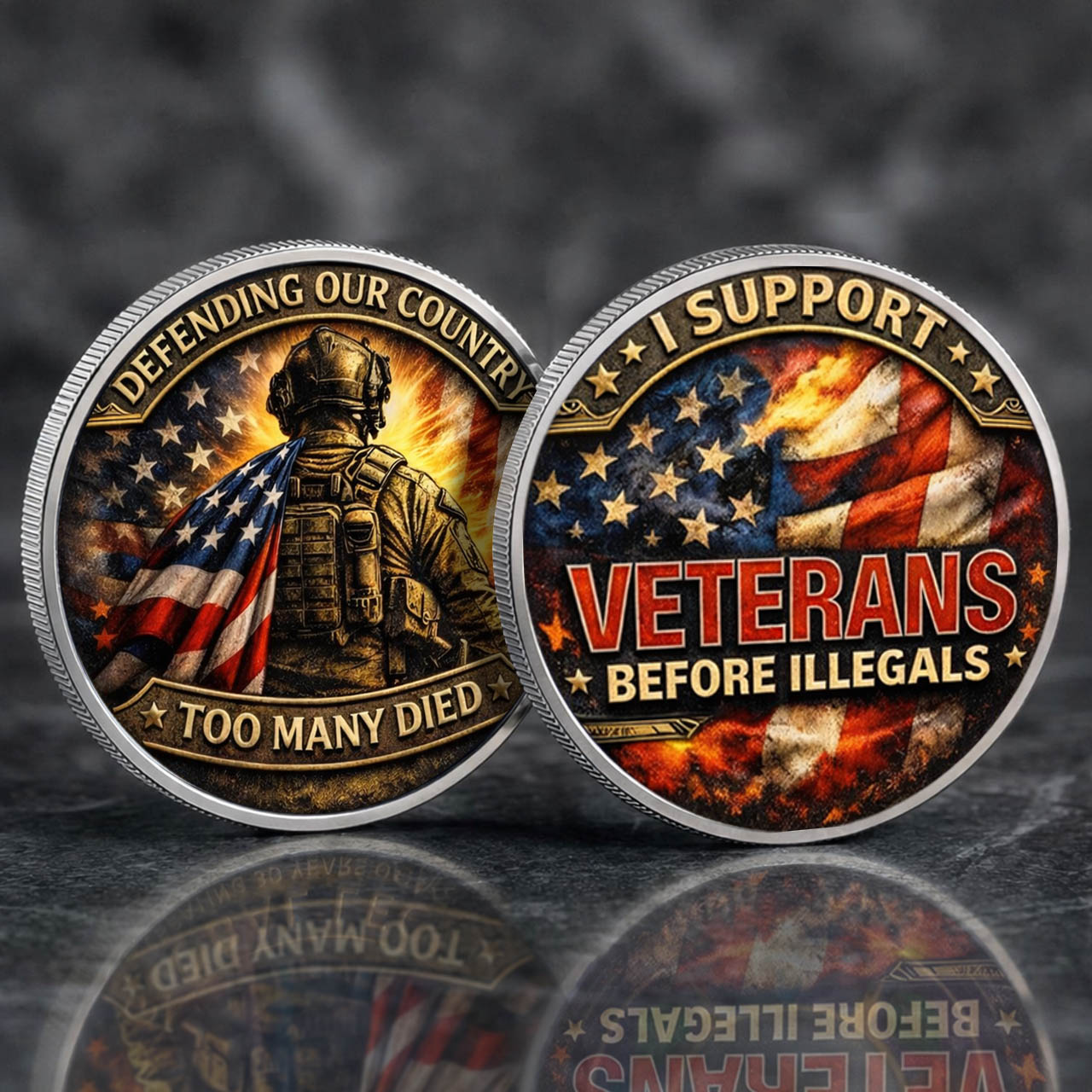 I Support Veterans Before Illegals Printed Commemorative Coin With Pocket Hug Leather Keychain