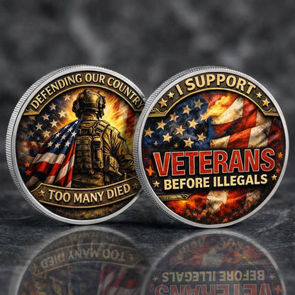 I Support Veterans Before Illegals Printed Commemorative Coin With Pocket Hug Leather Keychain