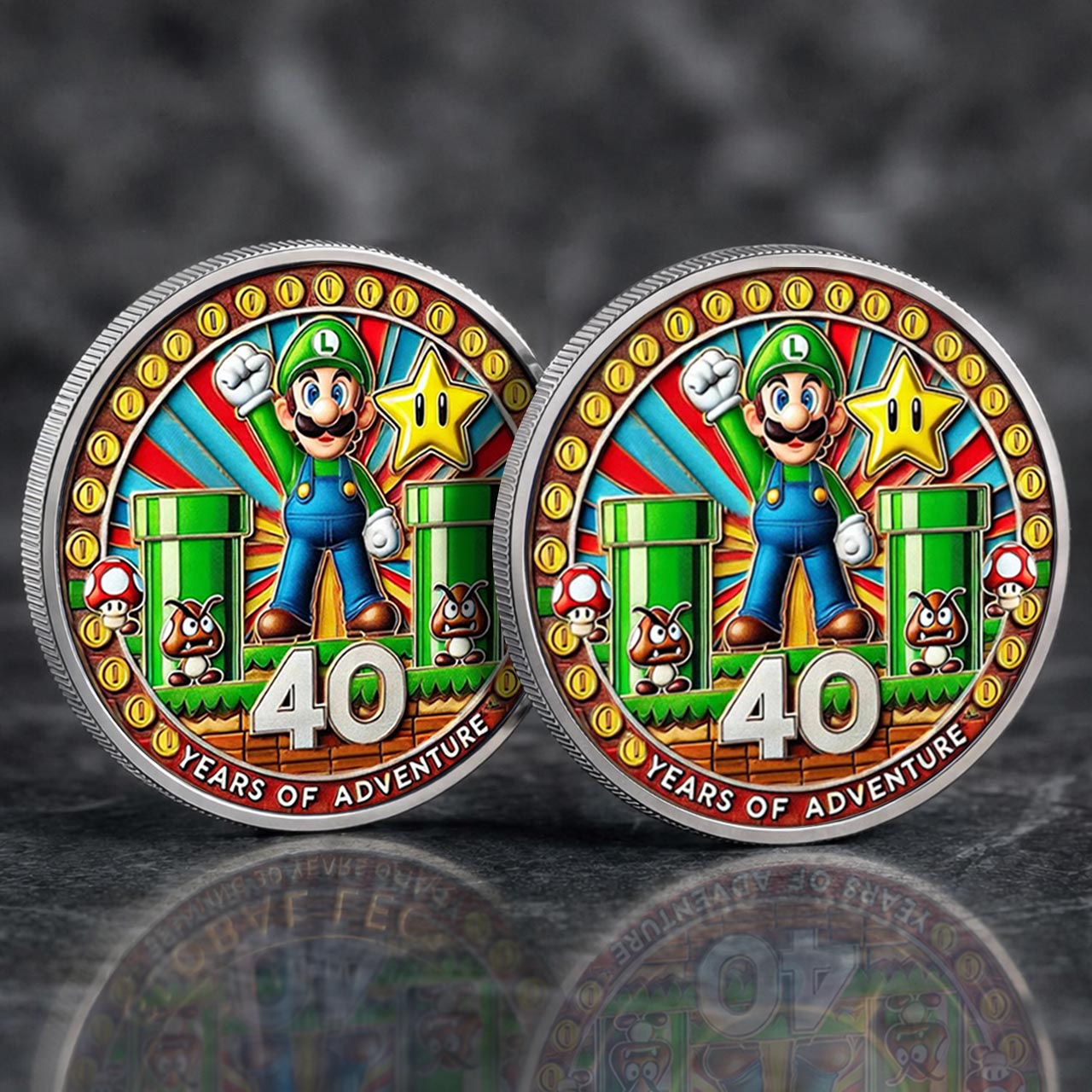Super Mario 40th Anniversary Printed Commemorative Coin With Pocket Hug Leather Keychain