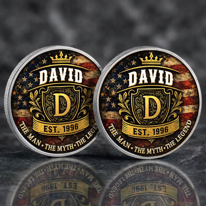 The Man The Myth The Legend Printed Commemorative Coin With Pocket Hug Leather Keychain