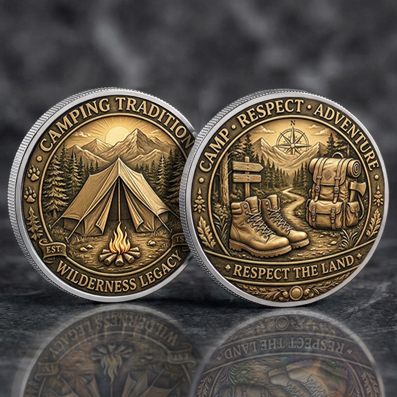 Camping Tradition Printed Commemorative Coin With Pocket Hug Leather Keychain