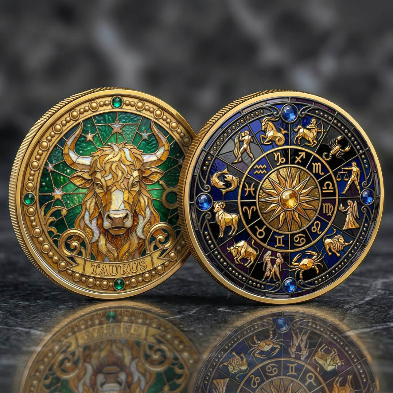 Tarot Zodiac Taurus Sign Stained Glass Printed Commemorative Coin