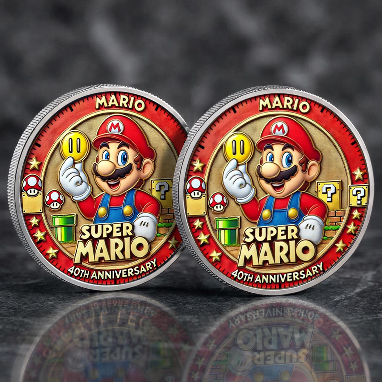 Super Mario 40th Anniversary Printed Commemorative Coin With Pocket Hug Leather Keychain