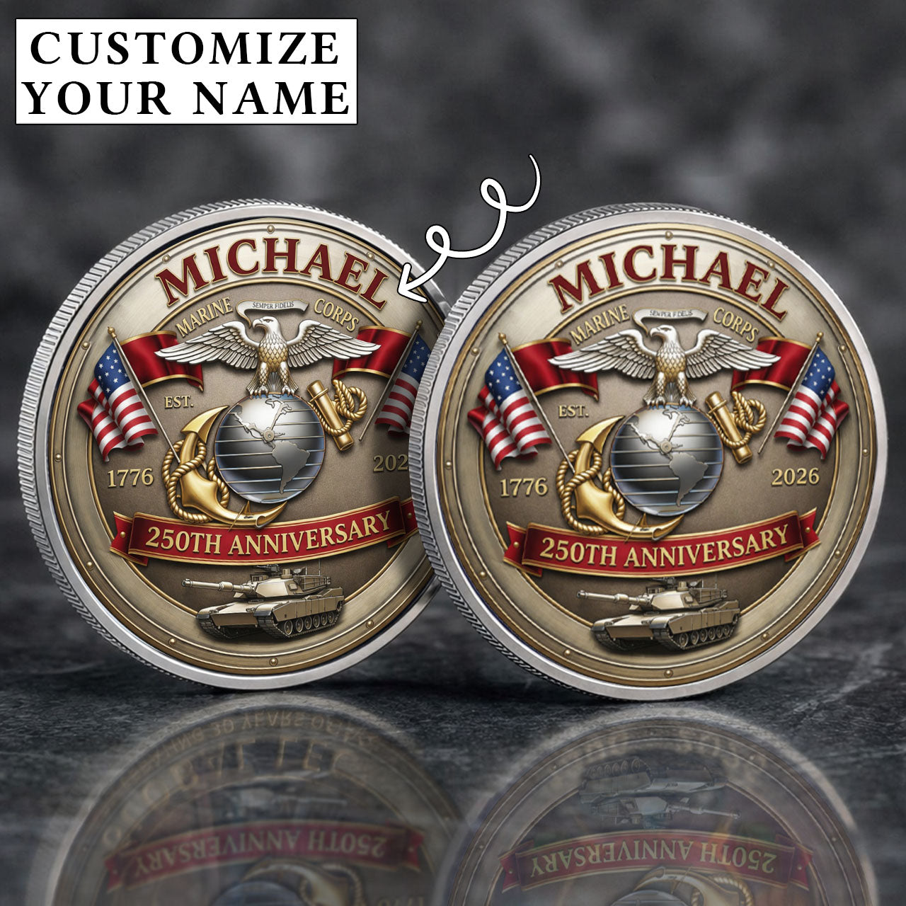 USA 250th Anniversary U.S. Marin Corps- Custom Name Printed Commemorative Coin