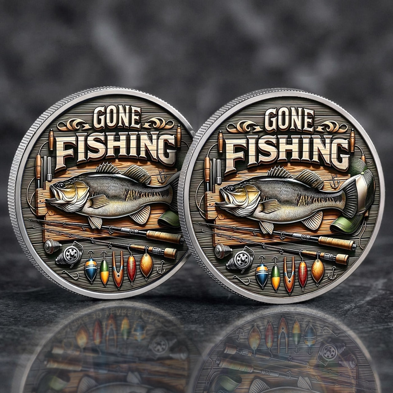Gone Fishing Printed Commemorative Coin With Pocket Hug Leather Keychain