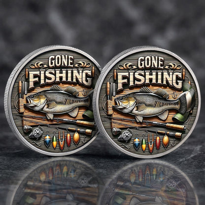 Gone Fishing Printed Commemorative Coin With Pocket Hug Leather Keychain