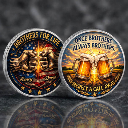 Brothers For Life Printed Commemorative Coin With Pocket Hug Leather Keychain