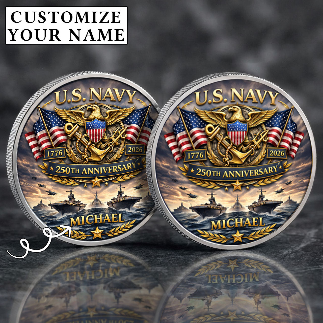 USA 250th Anniversary U.S. Navy - Custom Name Printed Commemorative Coin