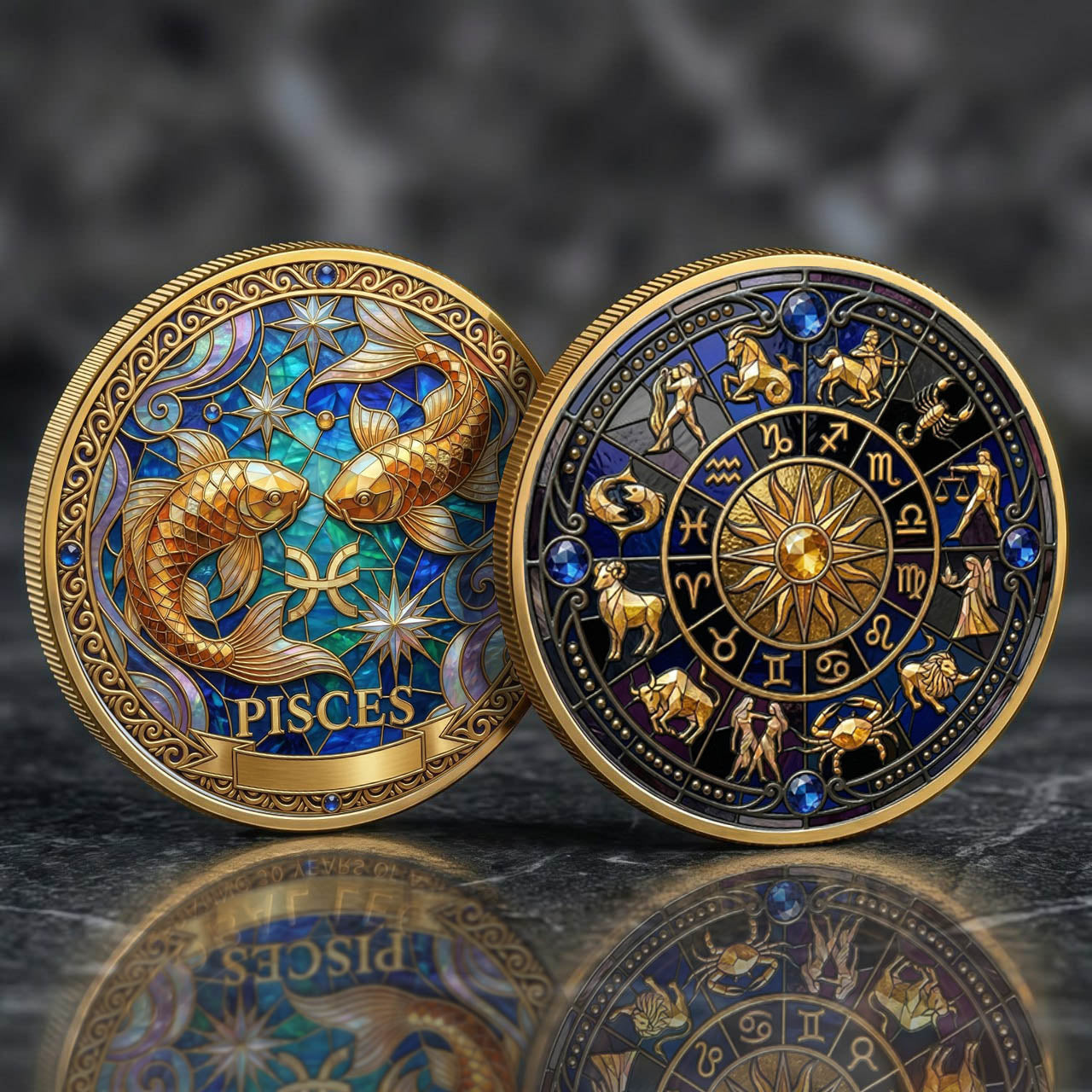 Tarot Zodiac Pisces Sign Stained Glass Printed Commemorative Coin