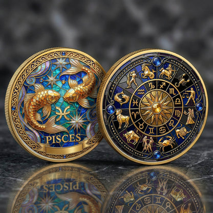 Tarot Zodiac Pisces Sign Stained Glass Printed Commemorative Coin