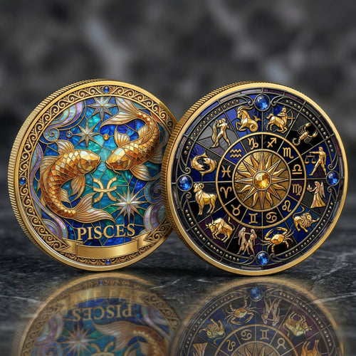 Tarot Zodiac Pisces Sign Stained Glass Printed Commemorative Coin