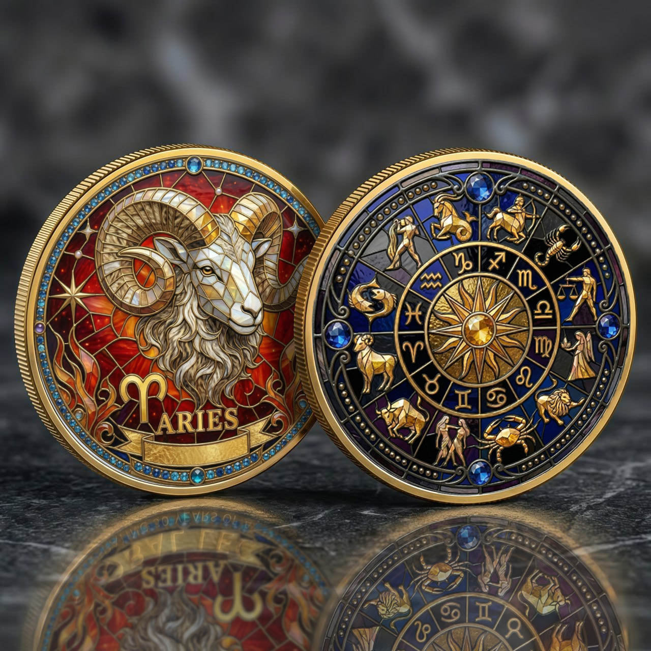 Tarot Zodiac Aries Sign Stained Glass Printed Commemorative Coin