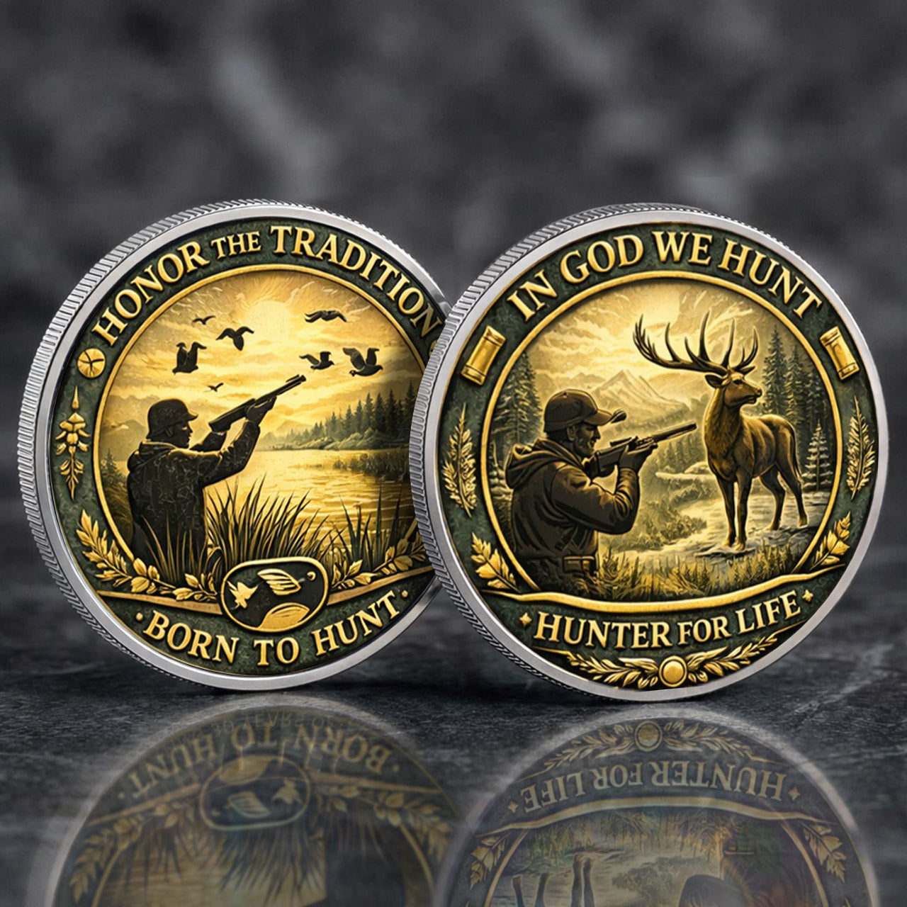 Born To Hunt Printed Commemorative Coin With Pocket Hug Leather Keychain