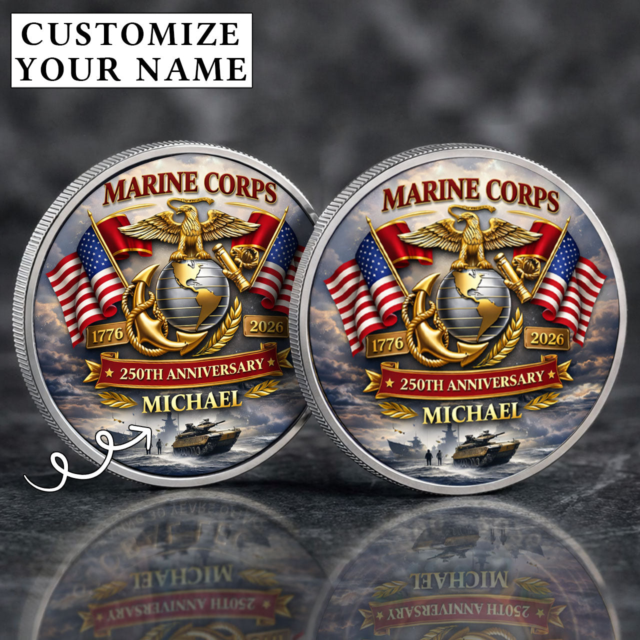 USA 250th Anniversary U.S. Marine Corps - Custom Name Printed Commemorative Coin