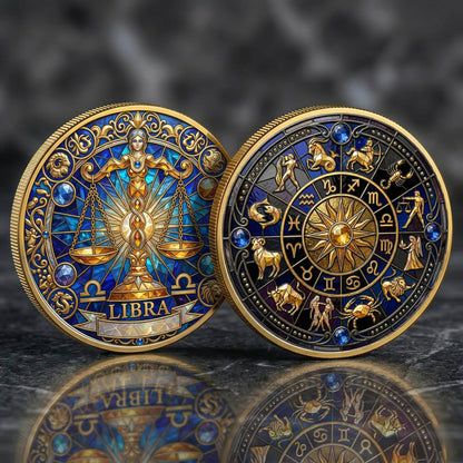 Tarot Zodiac Libra Sign Stained Glass Printed Commemorative Coin