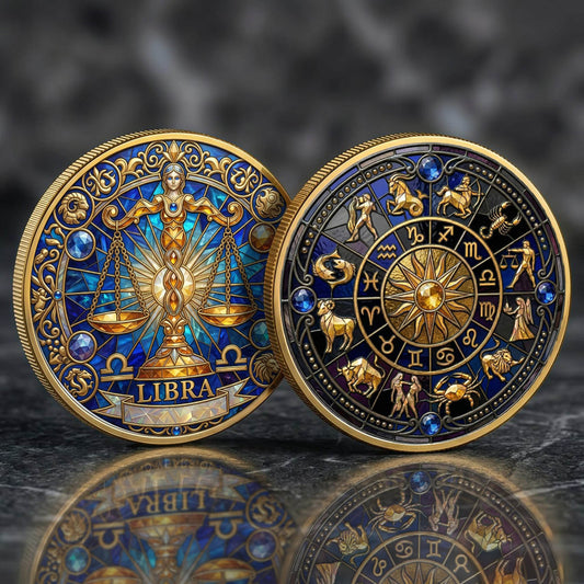Tarot Zodiac Libra Sign Stained Glass Printed Commemorative Coin
