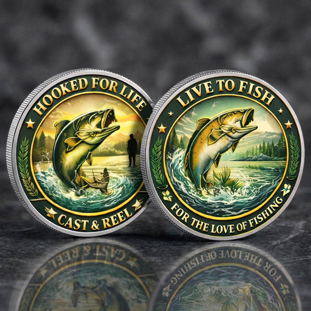 Hooked For Life Printed Commemorative Coin With Pocket Hug Leather Keychain