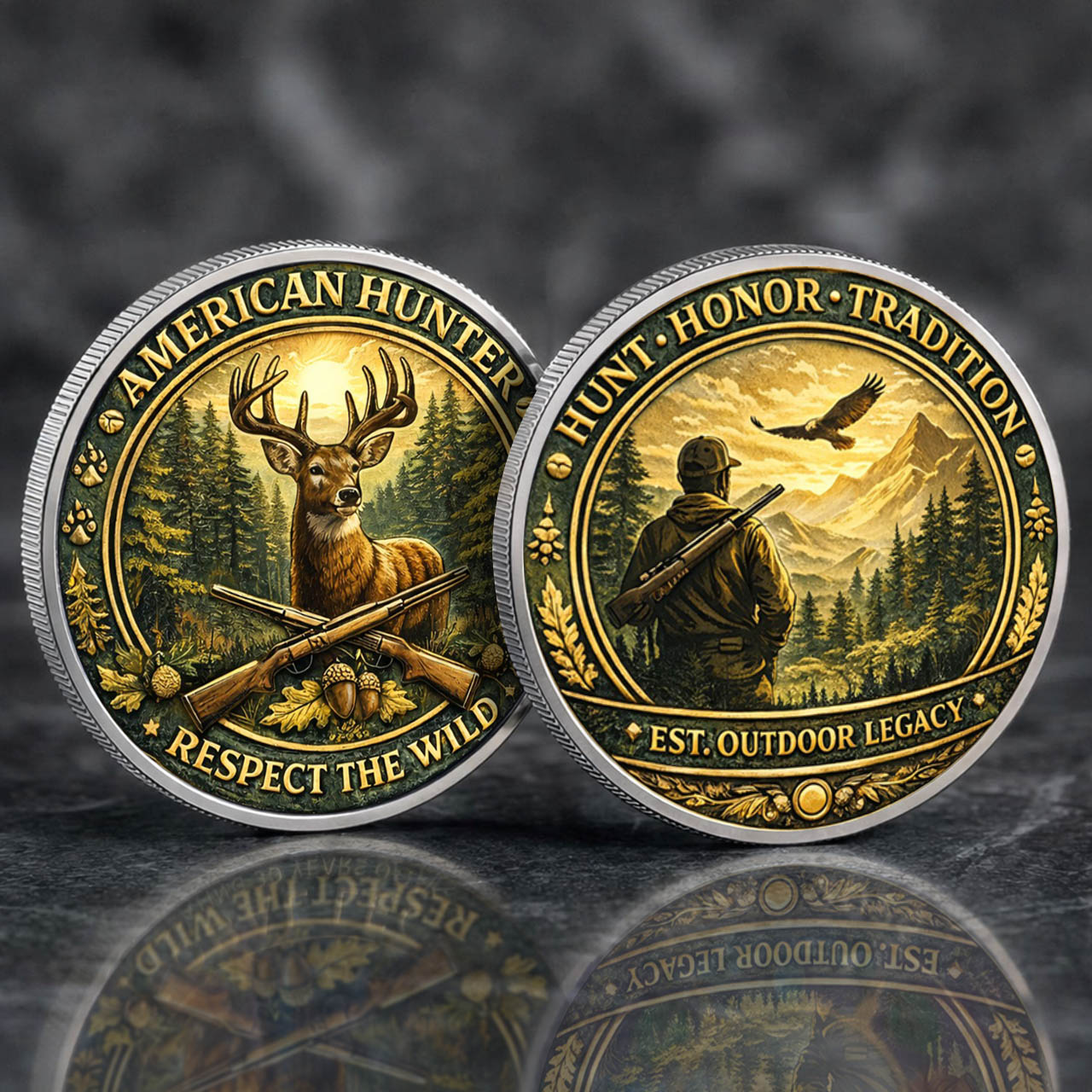 American Hunter Printed Commemorative Coin With Pocket Hug Leather Keychain