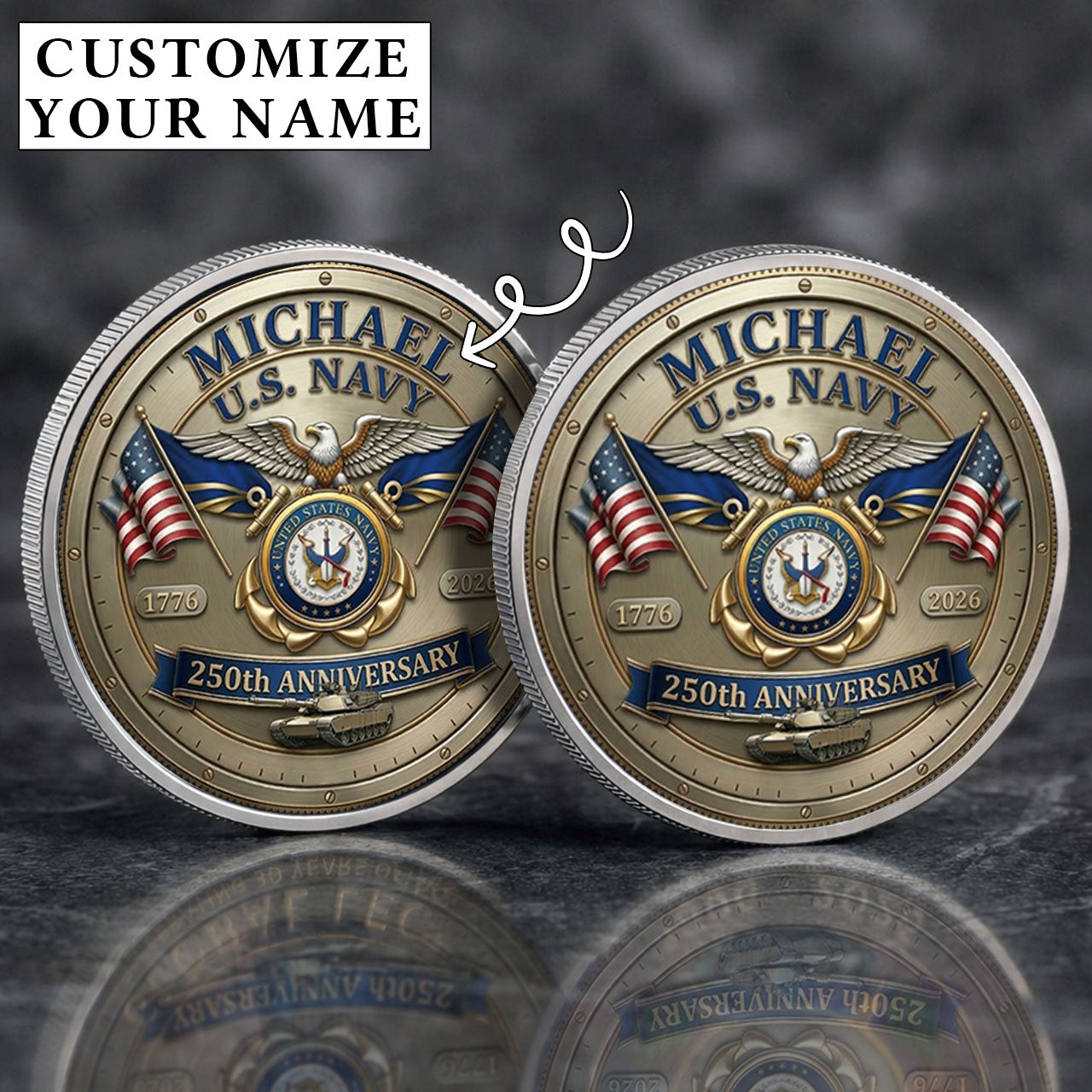 USA 250th Anniversary U.S. Navy - Custom Name Printed Commemorative Coin