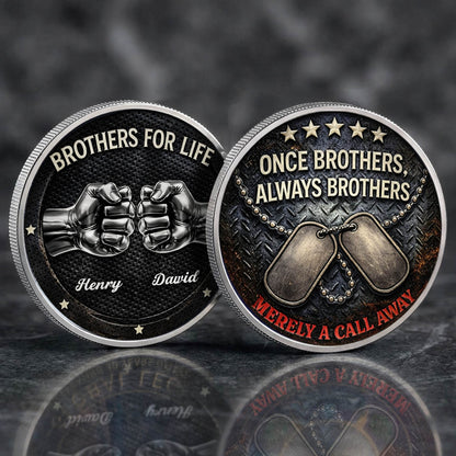 Brothers For Life Printed Commemorative Coin With Pocket Hug Leather Keychain
