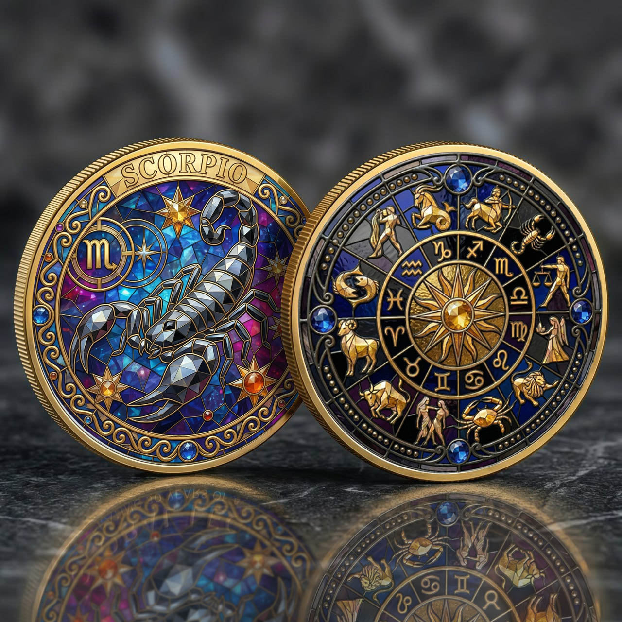 Tarot Zodiac Scorpio Sign Stained Glass Printed Commemorative Coin