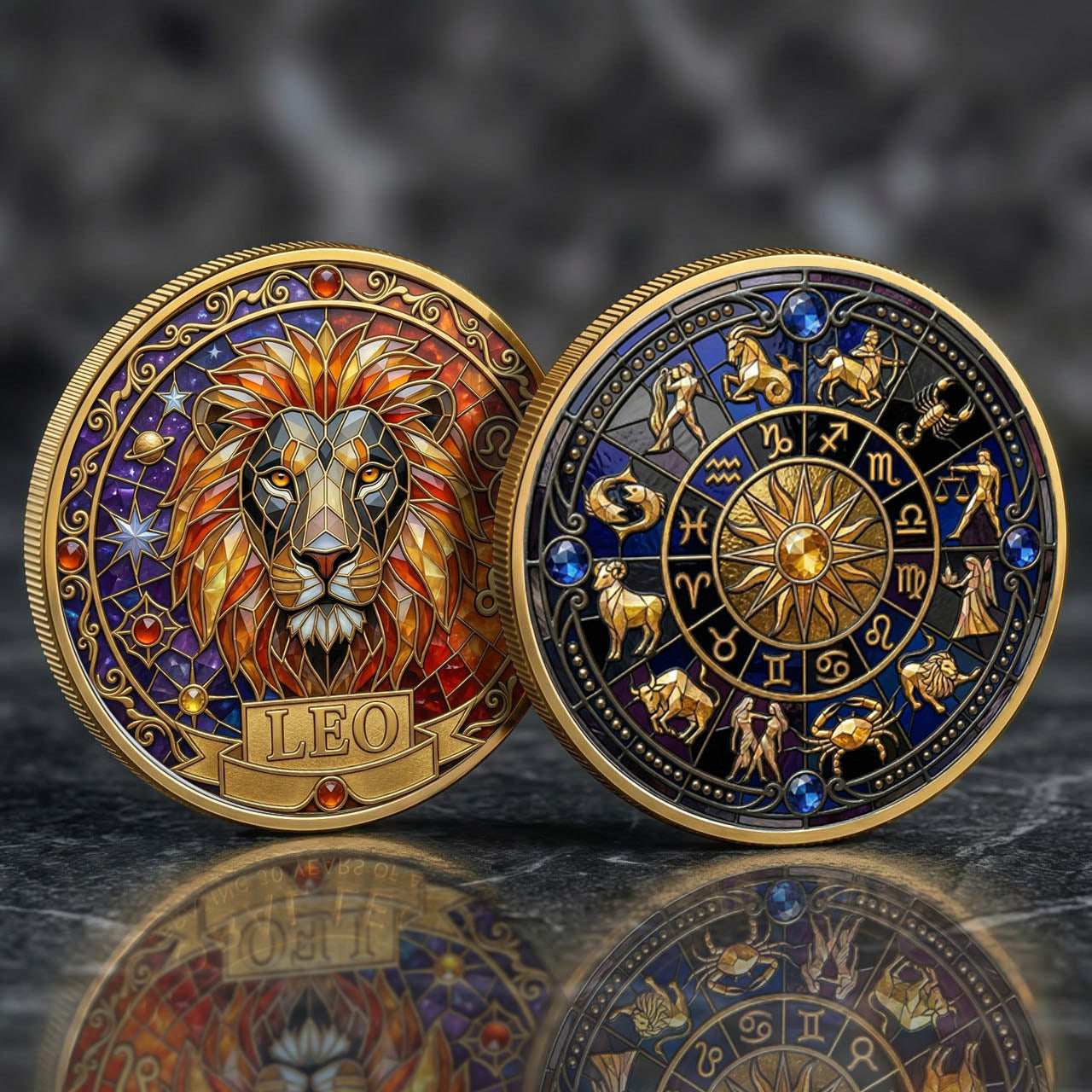 Tarot Zodiac Leo Sign Stained Glass Printed Commemorative Coin