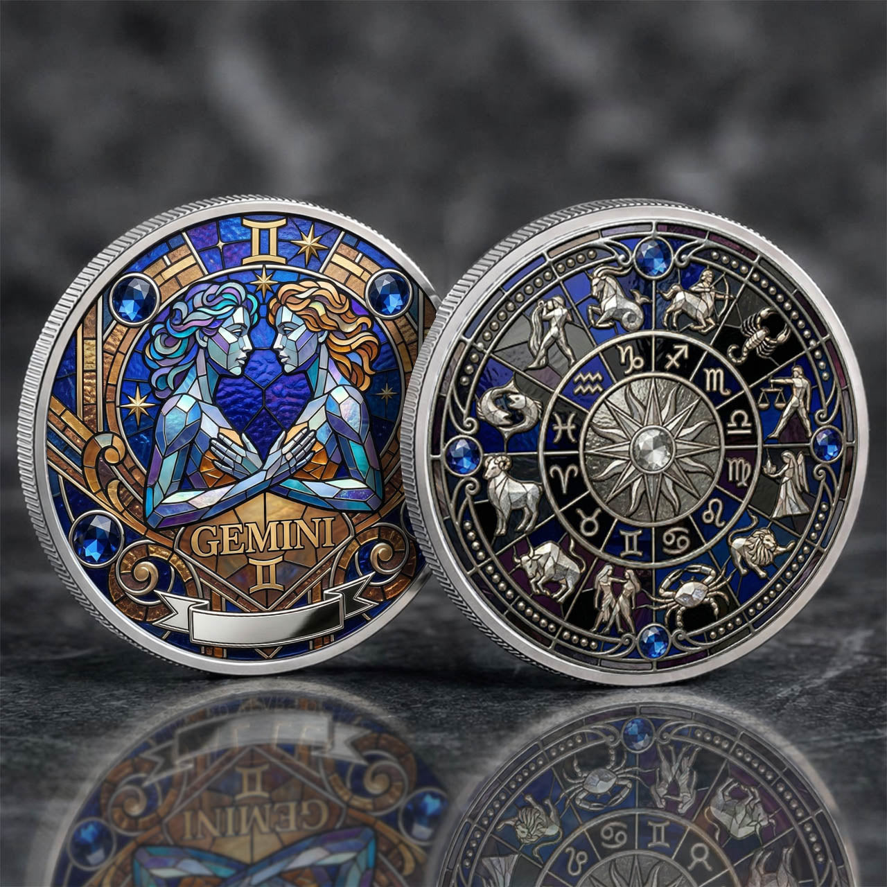 Tarot Zodiac Gemini Sign Stained Glass Printed Commemorative Coin