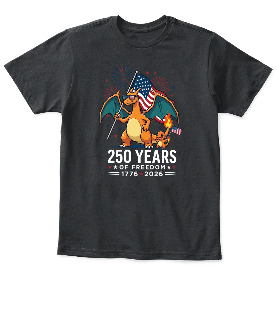 Charizard Charmander 250 Years of Freedom 1776–2026 Patriotic Printed Graphic Hoodie Sweatshirt T-Shirt