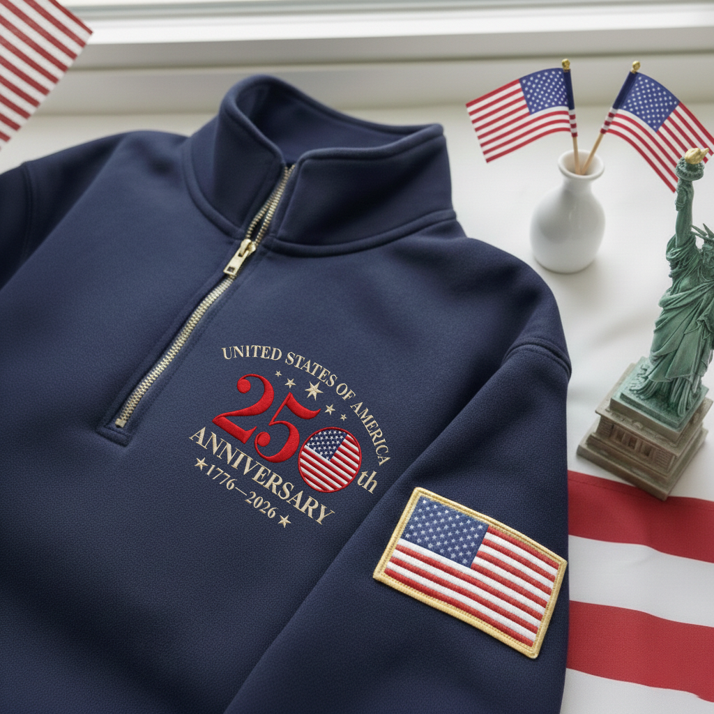 Embroidered The US 250th Anniversary Independence Day Quarter-Zip Sweatshirt, Hoodie Sweatshirt T-Shirt