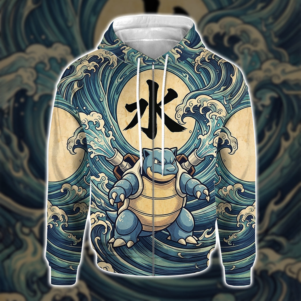 Anime PKM Blastoise Japanese Kanji Aesthetic All Over Printed Sweatshirt Hoodie Zip Hoodie T-Shirt