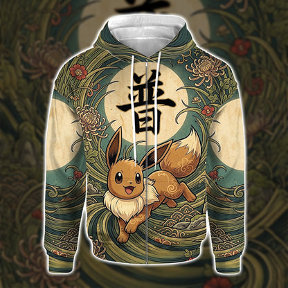 Anime PKM Eevee Japanese Kanji Aesthetic All Over Printed Sweatshirt Hoodie Zip Hoodie T-Shirt