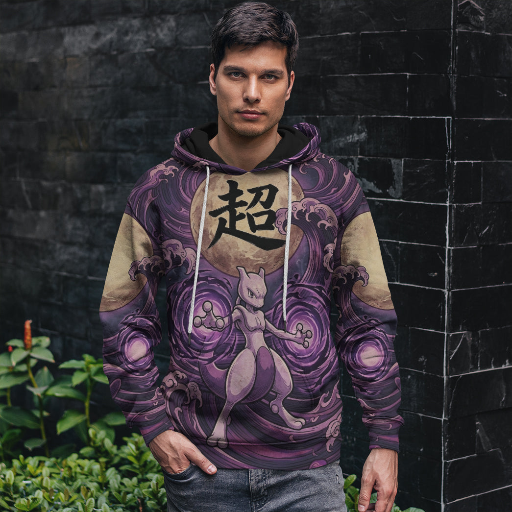Anime PKM Mewtwo Japanese Kanji Aesthetic All Over Printed Sweatshirt Hoodie Zip Hoodie T-Shirt