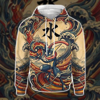 Anime PKM Greninja Japanese Kanji Aesthetic All Over Printed Sweatshirt Hoodie Zip Hoodie T-Shirt