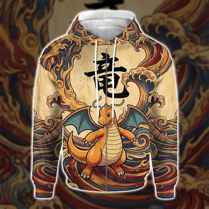 Anime PKM Dragonite Japanese Kanji Aesthetic All Over Printed Sweatshirt Hoodie Zip Hoodie T-Shirt